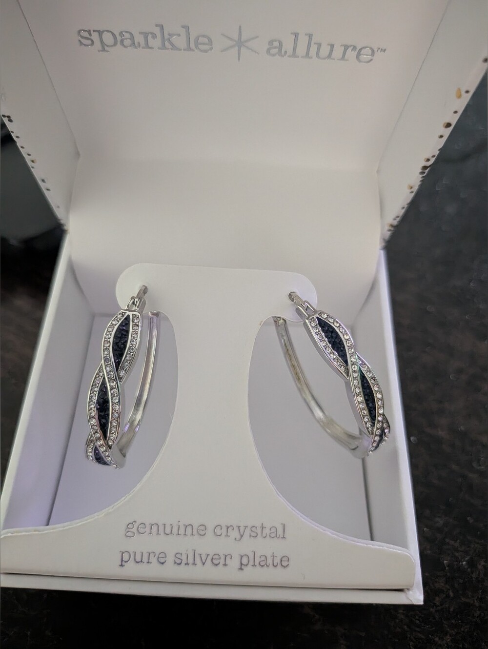 Sparkle Allure Silver Plated Genuine Crystal Twist Hoop Earrings Black & Clear